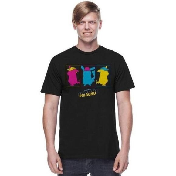 Detective Pikachu T-Shirt Black L  100% Cotton  Mens Graphic Tee - Picture 1 of 4